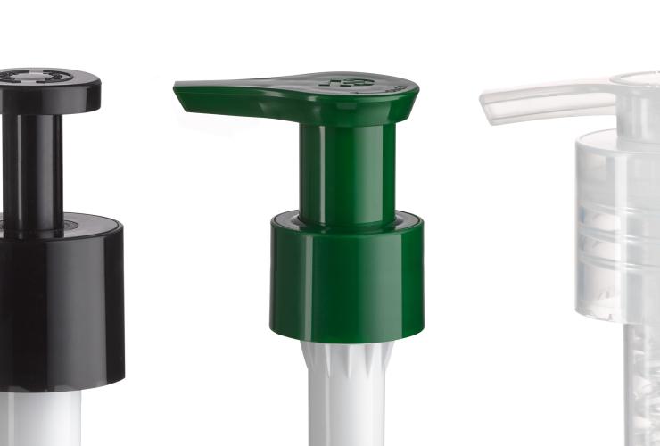 Group shot of mono-material pumps in black, green and white which are made of 100% PP and manufactured by ALPLAhana